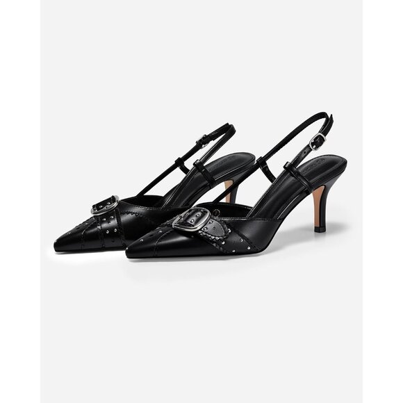 💫 Women Black Slingback Kitten Heel Studded PointedToe Pumps Buckle Party Shoes - Picture 5 of 7